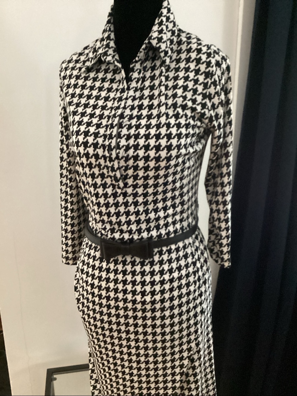 Black & White Houndstooth Shirt Dress with Belt - Picture 2 of 4